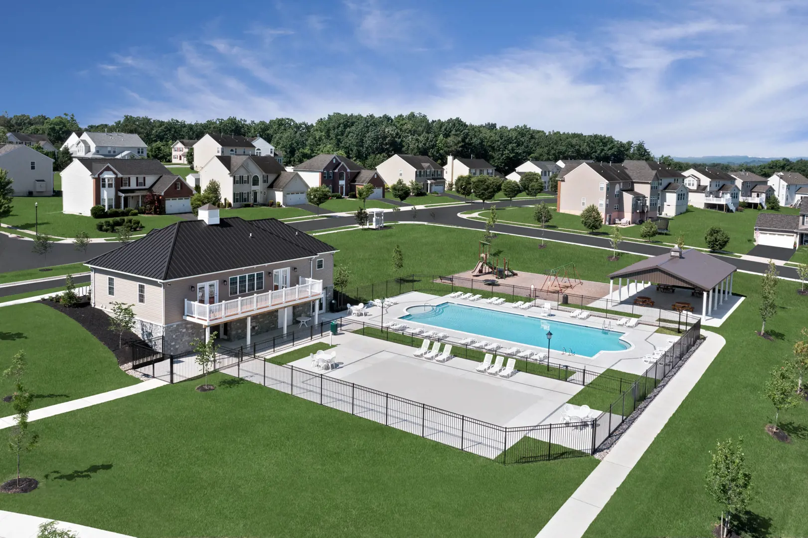 Aerial view of community pool and clubhouse