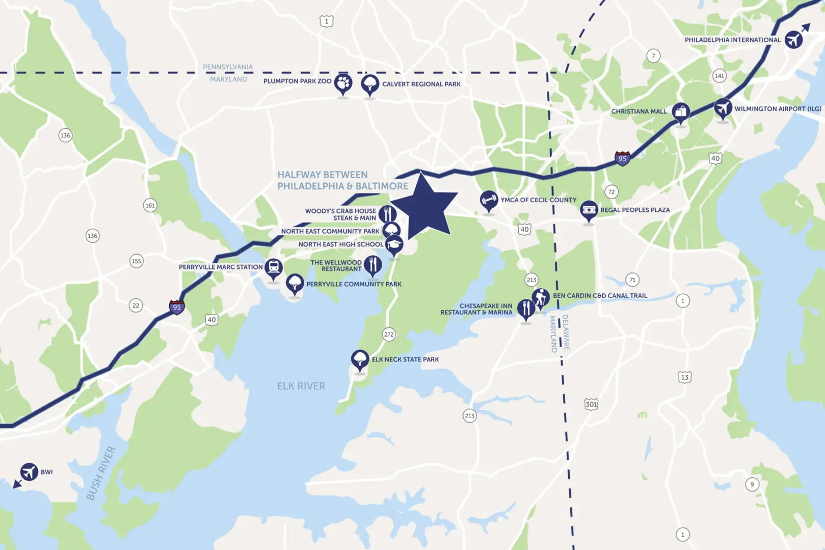 Location map showing community between Philadelphia and Baltimore